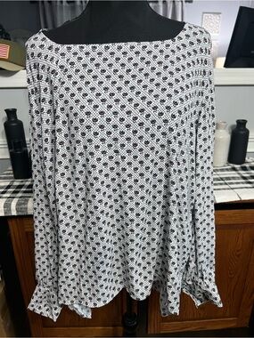 LOFT White A-Line Blouse with Small Blue & Brown Floral Motif